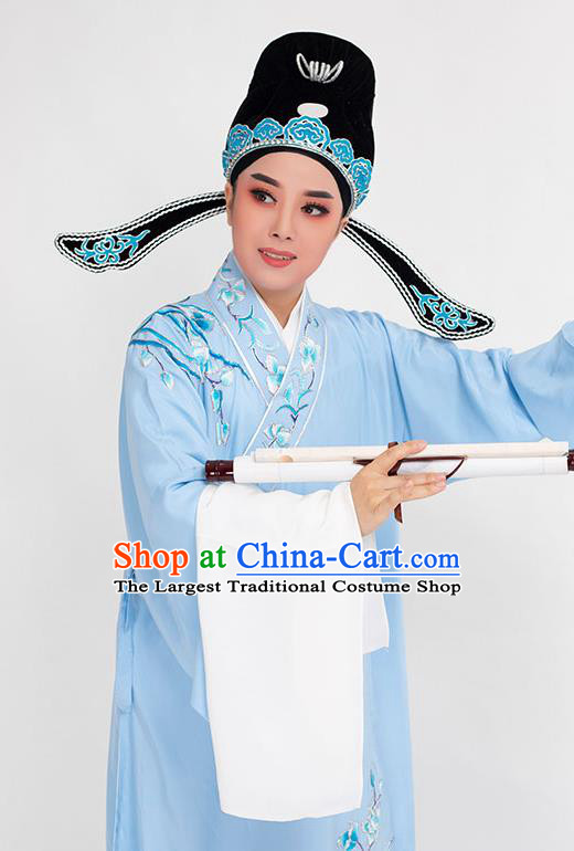China Peking Opera Xiaosheng Embroidered Orchids Blue Robe Costume Beijing Opera Niche Clothing Traditional Yue Opera Scholar Garment