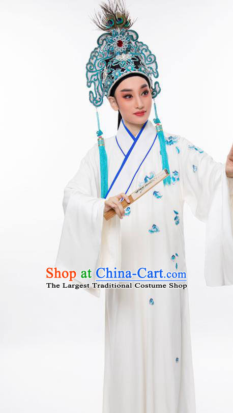 China Traditional Yue Opera Young Male Garment Peking Opera Scholar White Robe Costume Beijing Opera Xiaosheng Clothing