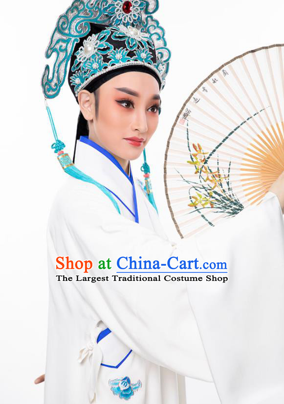 China Traditional Yue Opera Young Male Garment Peking Opera Scholar White Robe Costume Beijing Opera Xiaosheng Clothing