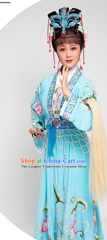 Chinese Yue Opera Young Beauty Clothing Ancient Flowers Fairy Blue Dress Beijing Opera Diva Garment Costumes