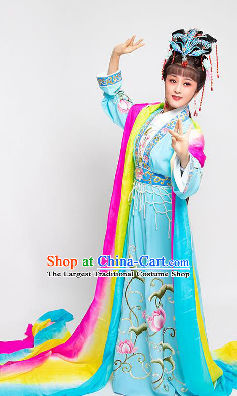 Chinese Yue Opera Young Beauty Clothing Ancient Flowers Fairy Blue Dress Beijing Opera Diva Garment Costumes