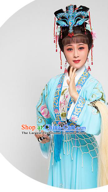 Chinese Yue Opera Young Beauty Clothing Ancient Flowers Fairy Blue Dress Beijing Opera Diva Garment Costumes