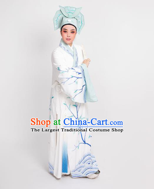 China Beijing Opera Scholar Clothing Traditional Yue Opera Young Childe Garment Peking Opera Xiaosheng Embroidered White Robe Costume