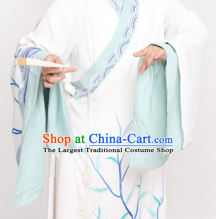 China Beijing Opera Scholar Clothing Traditional Yue Opera Young Childe Garment Peking Opera Xiaosheng Embroidered White Robe Costume