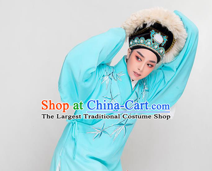 China Peking Opera Xiaosheng Embroidered Blue Robe Costume Beijing Opera Scholar Xu Xian Clothing Traditional Yue Opera Young Childe Garment