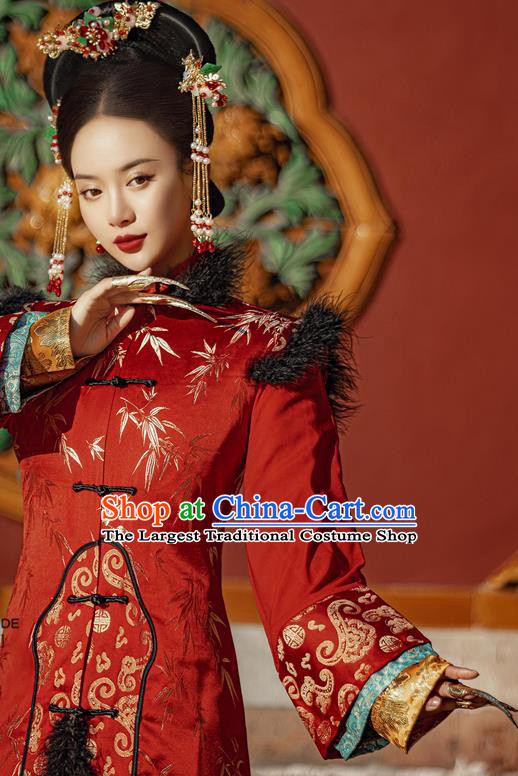 China Ancient Manchu Queen Red Dress Garments Traditional Qing Dynasty Imperial Empress Wedding Historical Clothing and Headpieces