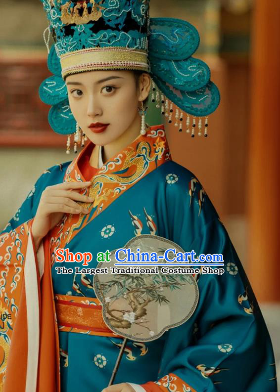 China Traditional Ming Dynasty Empress Historical Clothing Ancient Noble Woman Embroidered Blue Hanfu Dress Garments Complete Set