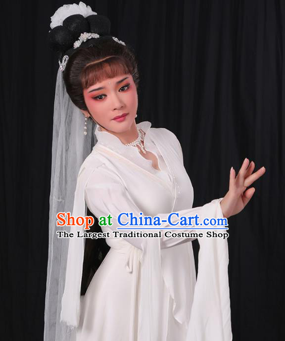 China Yue Opera Distress Woman Garment Costumes Peking Opera Actress Clothing Ancient Widow White Water Sleeve Dress