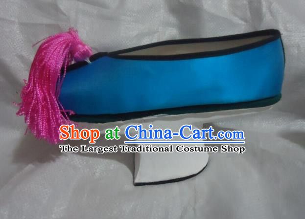 China Peking Opera Diva Blue Satin Shoes Qing Dynasty Princess Shoes Traditional Peking Opera Hua Tan Shoes