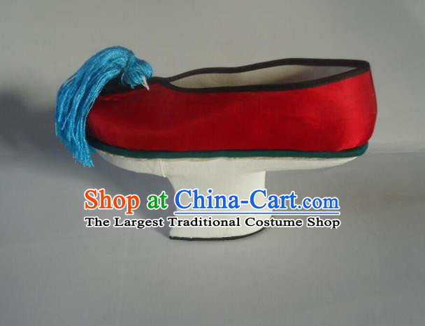 China Qing Dynasty Imperial Consort Shoes Traditional Peking Opera Diva Shoes Peking Opera Actress Red Satin Shoes