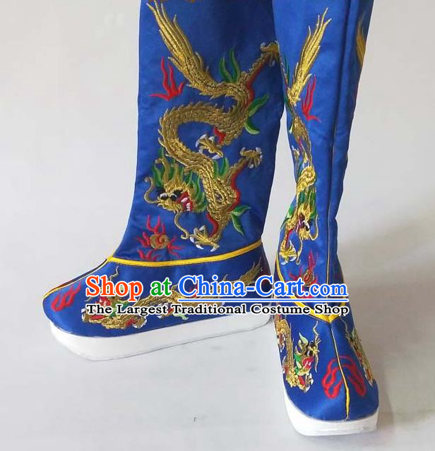 China Traditional Peking Opera Emperor Shoes Beijing Opera Embroidered Dragon Shoes Sichuan Opera Royalblue Satin Boots