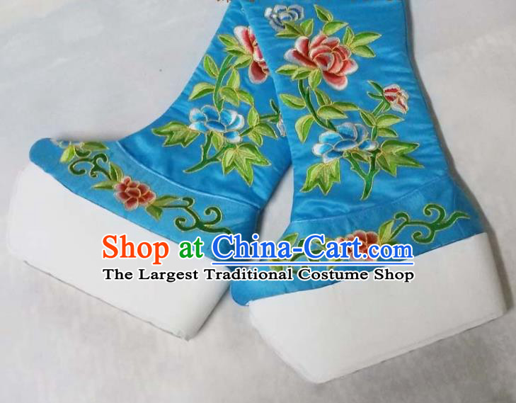 China Traditional Peking Opera Shoes Beijing Opera Embroidered Peony Shoes Sichuan Opera Female General Blue Satin Boots
