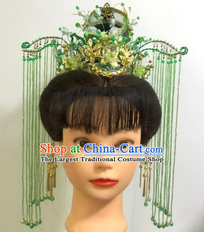 Chinese Peking Opera Actress Green Tassel Hair Crown Traditional Beijing Opera Hua Tan Phoenix Coronet Gezi Opera Princess Hair Accessories