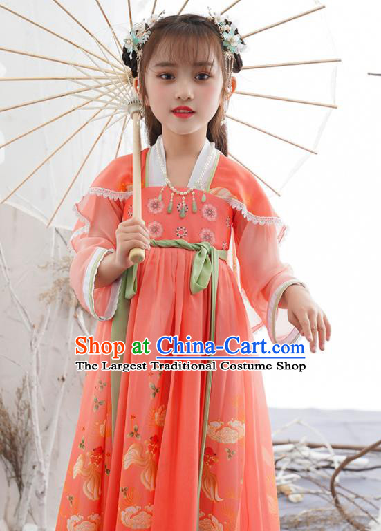 China Traditional Tang Dynasty Girls Clothing Children Dance Printing Fish Pink Hanfu Dress Ancient Princess Fashion Costumes