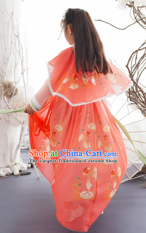 China Traditional Tang Dynasty Girls Clothing Children Dance Printing Fish Pink Hanfu Dress Ancient Princess Fashion Costumes