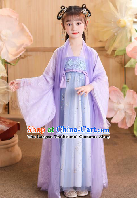 China Children Stage Show Garment Costumes Traditional Violet Hanfu Dress Tang Dynasty Girl Princess Clothing