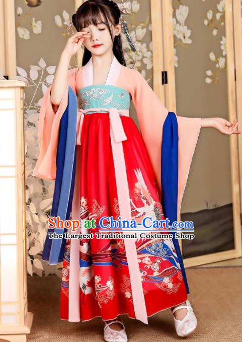 China Traditional Printing Cranes Red Hanfu Dress Tang Dynasty Girl Princess Clothing Children Stage Show Garment Costumes