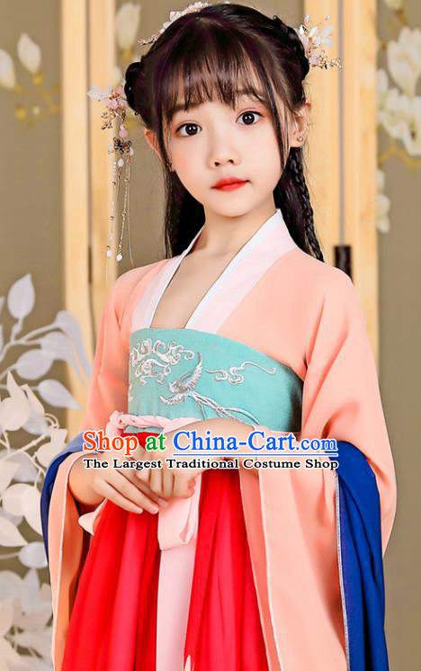 China Traditional Printing Cranes Red Hanfu Dress Tang Dynasty Girl Princess Clothing Children Stage Show Garment Costumes