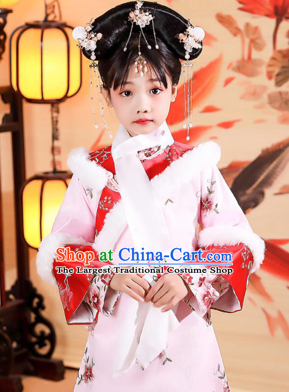 China Traditional Court Kid Pink Qipao Dress Qing Dynasty Girl Princess Clothing Children Stage Show Winter Costumes