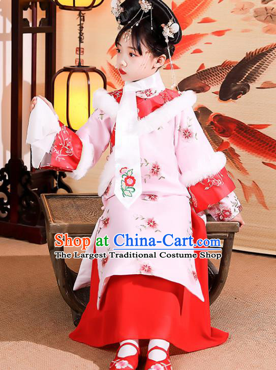 China Traditional Court Kid Pink Qipao Dress Qing Dynasty Girl Princess Clothing Children Stage Show Winter Costumes