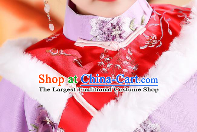 China Children Stage Show Winter Costumes Traditional Court Kid Violet Qipao Dress Qing Dynasty Girl Princess Clothing