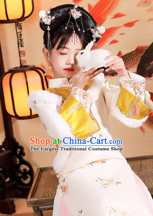 China Traditional Court Kid Embroidered Beige Qipao Dress Qing Dynasty Children Princess Clothing Girl Stage Show Winter Costumes