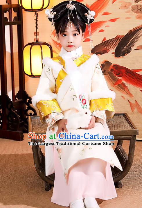 China Traditional Court Kid Embroidered Beige Qipao Dress Qing Dynasty Children Princess Clothing Girl Stage Show Winter Costumes