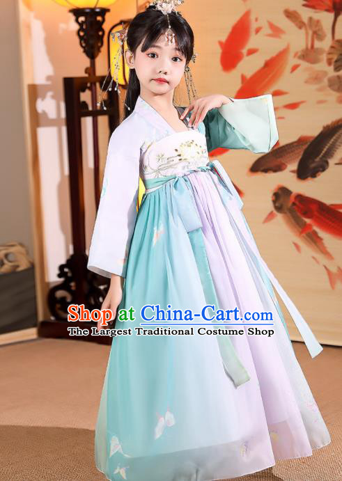 China Traditional Winter Kid Green Hanfu Dress Tang Dynasty Children Princess Clothing Girl Stage Show Costumes