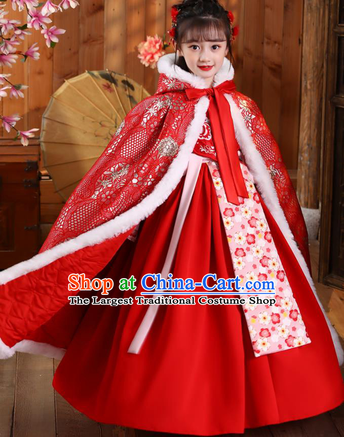 China Ming Dynasty Children Princess Clothing Girl Stage Show Cloak Costume Traditional Winter Red Hanfu Cape
