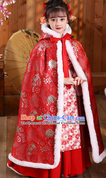 China Ming Dynasty Children Princess Clothing Girl Stage Show Cloak Costume Traditional Winter Red Hanfu Cape
