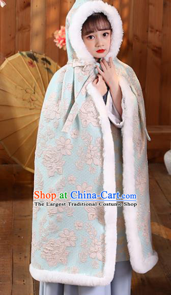 China Traditional Winter Light Green Hanfu Cape Ming Dynasty Children Princess Clothing Girl Stage Show Cloak Costume