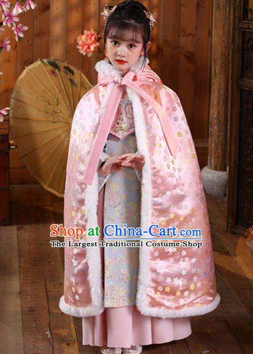 China Girl Stage Show Cloak Costume Traditional Winter Pink Satin Hanfu Cape Ming Dynasty Children Princess Clothing