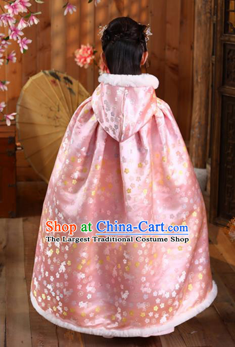 China Girl Stage Show Cloak Costume Traditional Winter Pink Satin Hanfu Cape Ming Dynasty Children Princess Clothing