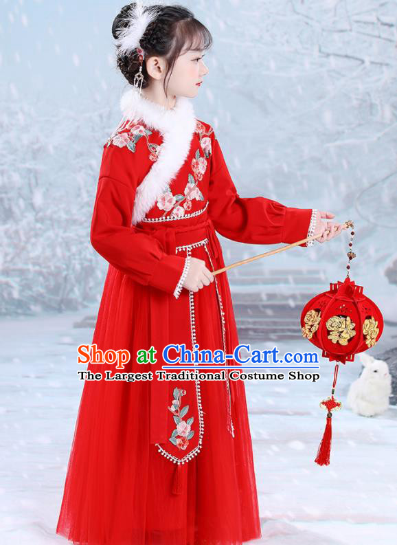 China Ming Dynasty Girl Clothing Children Stage Show Garment Costumes Traditional New Year Red Hanfu Dress