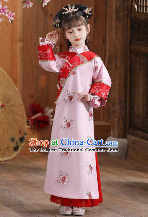 China Qing Dynasty Girl Princess Clothing Ancient Children Costumes Traditional Stage Show Pink Qipao Dress