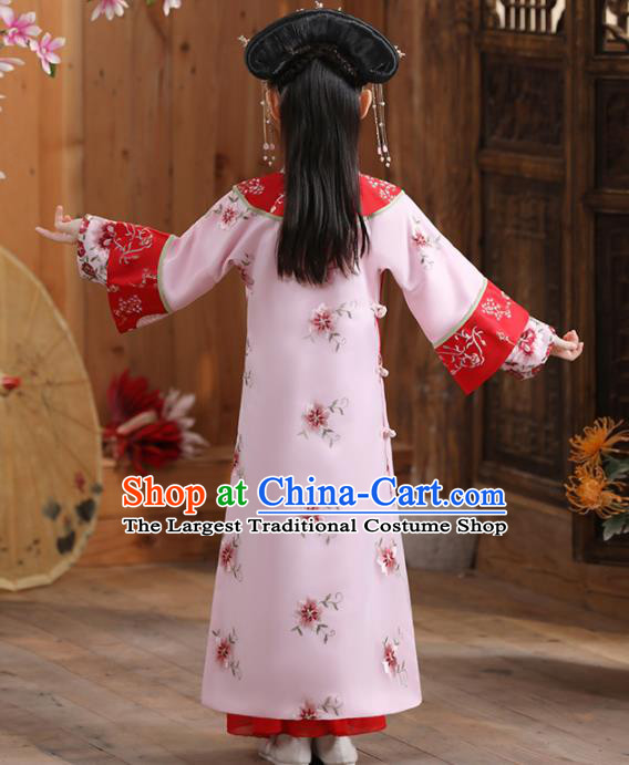 China Qing Dynasty Girl Princess Clothing Ancient Children Costumes Traditional Stage Show Pink Qipao Dress