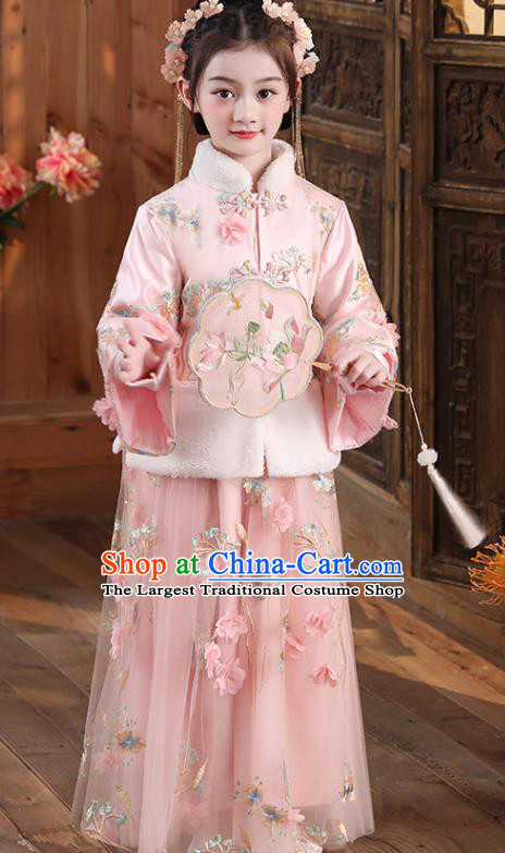 China Traditional New Year Pink Hanfu Dress Ming Dynasty Girl Clothing Children Stage Show Tang Suits