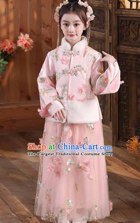 China Traditional New Year Pink Hanfu Dress Ming Dynasty Girl Clothing Children Stage Show Tang Suits