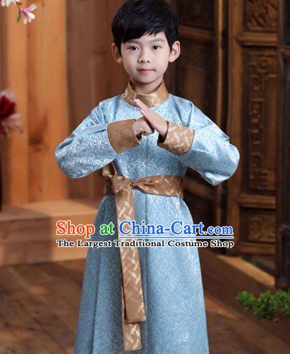 Chinese Qing Dynasty Boys Prince Clothing Traditional Stage Performance Costume Ancient Children Childe Blue Robe