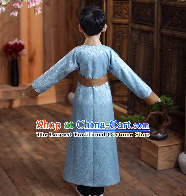 Chinese Qing Dynasty Boys Prince Clothing Traditional Stage Performance Costume Ancient Children Childe Blue Robe