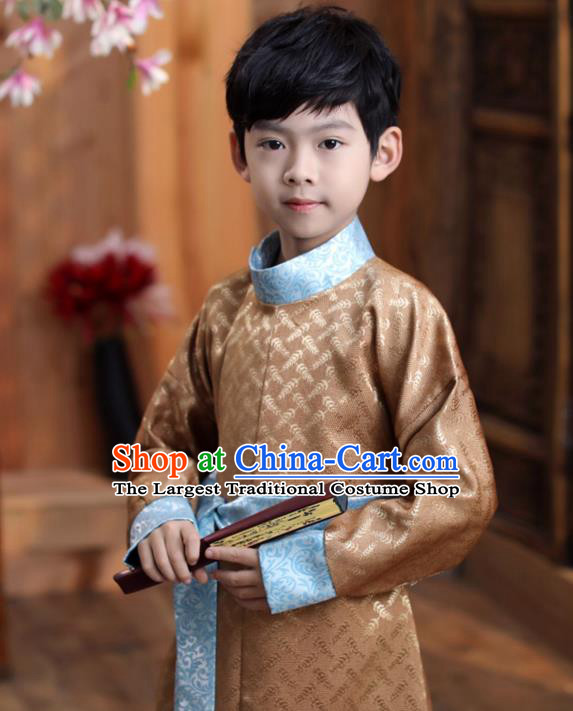 Chinese Qing Dynasty Kid Prince Clothing Traditional Stage Performance Costume Ancient Boys Childe Brown Robe