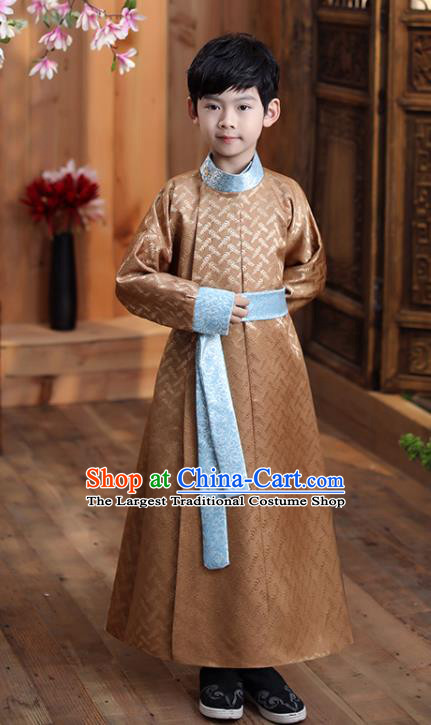 Chinese Qing Dynasty Kid Prince Clothing Traditional Stage Performance Costume Ancient Boys Childe Brown Robe