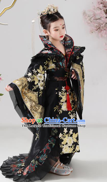 China Tang Dynasty Girl Empress Clothing Ancient Children Costumes Traditional Stage Show Queen Black Hanfu Dress
