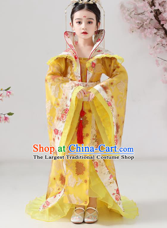 China Traditional Stage Show Queen Yellow Hanfu Dress Tang Dynasty Girl Empress Clothing Ancient Children Costumes
