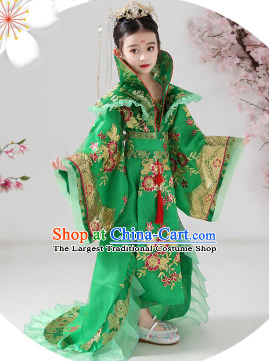 China Ancient Children Costumes Traditional Stage Show Queen Green Hanfu Dress Tang Dynasty Girl Empress Clothing