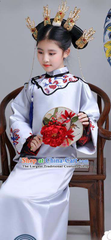 China Ancient Imperial Consort Garment Costume Traditional Stage Show Girl Grey Qipao Dress Qing Dynasty Children Princess Clothing