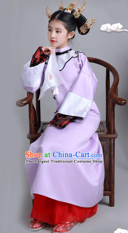 China Qing Dynasty Children Princess Clothing Ancient Imperial Consort Garment Costume Traditional Stage Show Girl Purple Qipao Dress