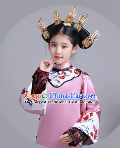 China Traditional Stage Show Girl Rosy Qipao Dress Qing Dynasty Children Princess Clothing Ancient Imperial Consort Garment Costume