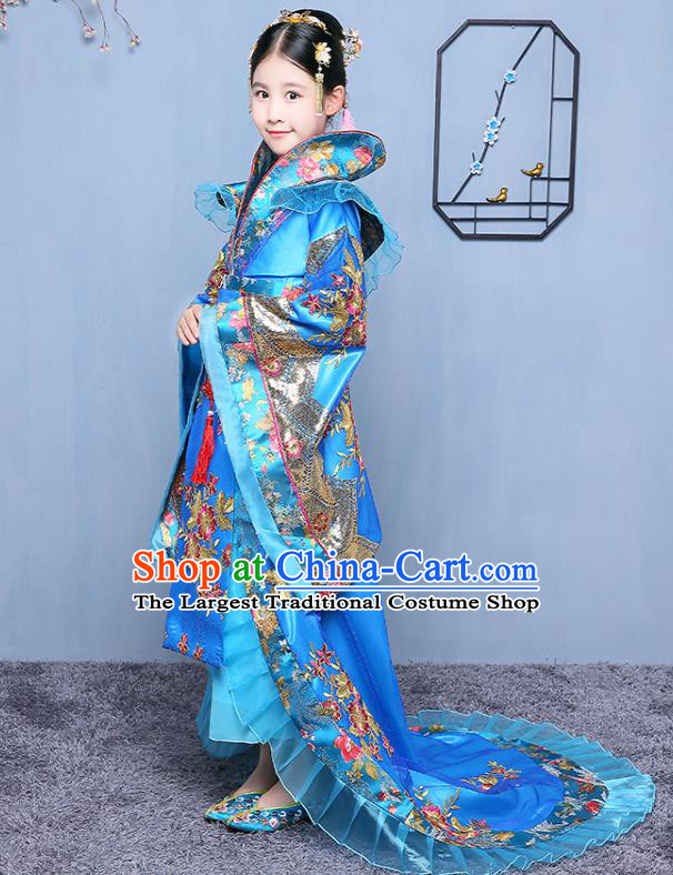 China Tang Dynasty Empress Clothing Ancient Girl Princess Garment Costume Traditional Court Children Blue Hanfu Dress