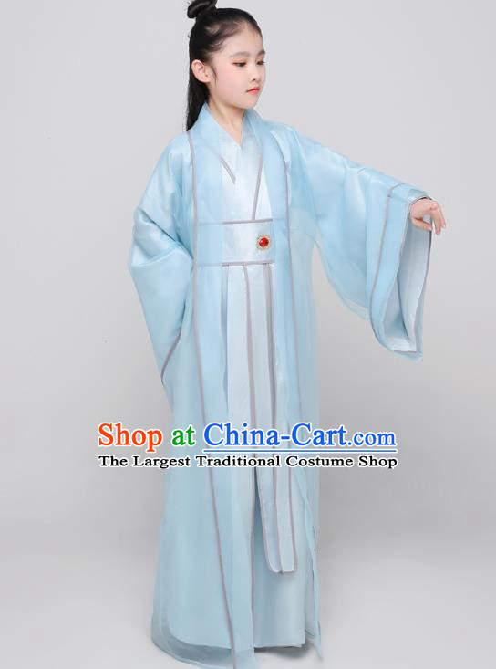 Chinese Tang Dynasty Kid Prince Clothing Traditional Stage Performance Costume Ancient Boys Swordsman Blue Uniforms